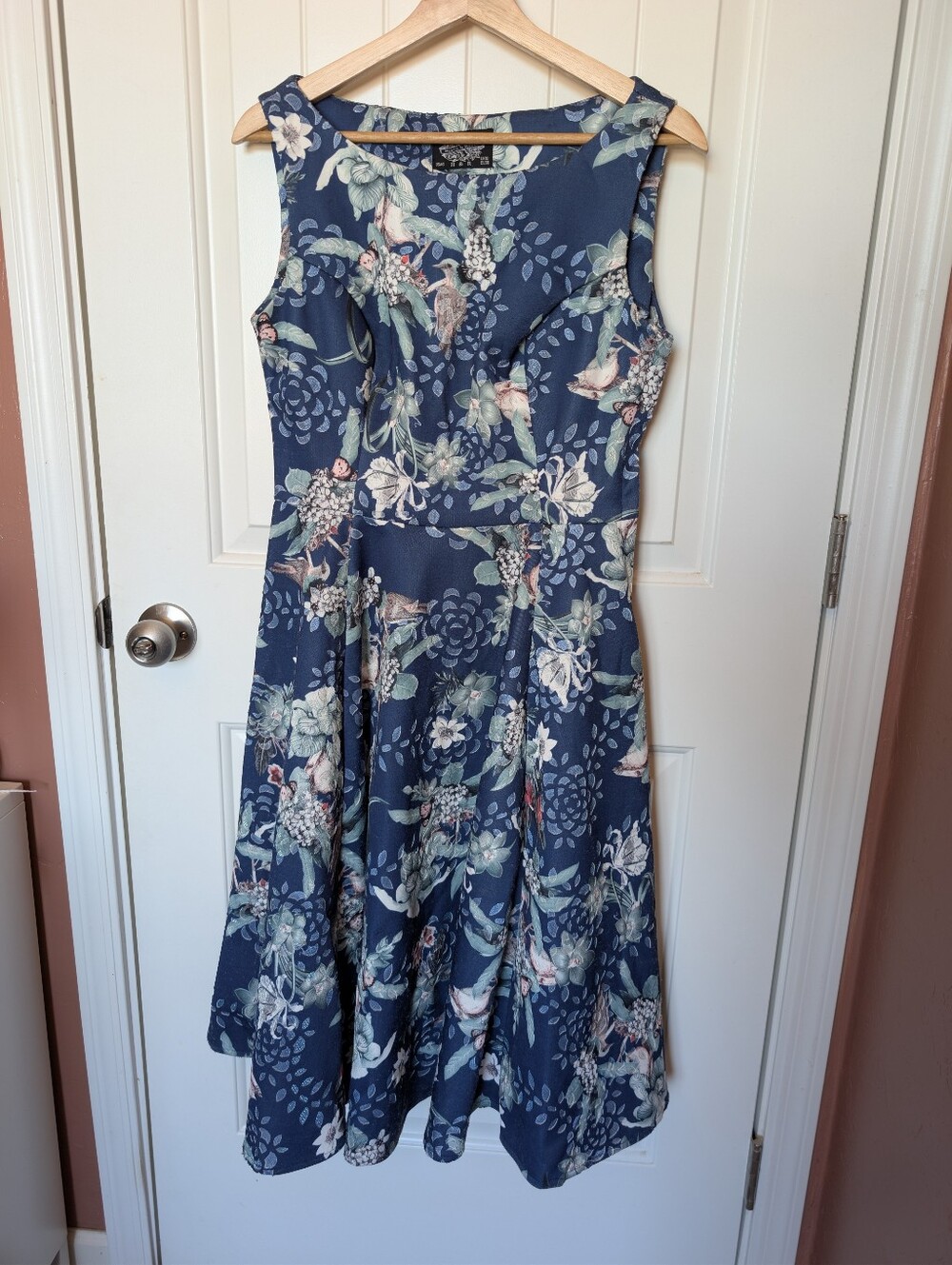 Hearts & Roses Retro Bird and Floral Midi Swing Dress UK10/US6 Blue/White